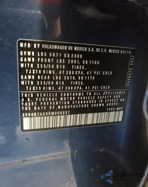 2019 Volkswagen Tiguan Sel Premium z USA, uszkodzony, nr VIN 3VV4B7AX8KM006937